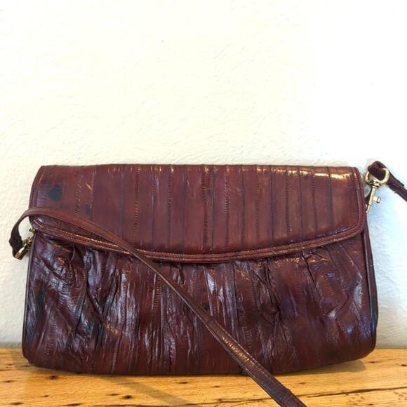 Vintage Leather of the Sea Brown Eel Skin Flap Closure Crossbody Handbag - Picture 1 of 9